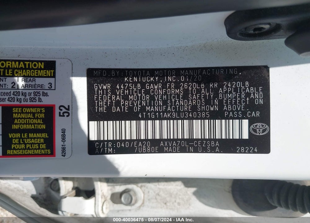 2020 TOYOTA CAMRY SE VIN: 4T1G11AK9LU340385