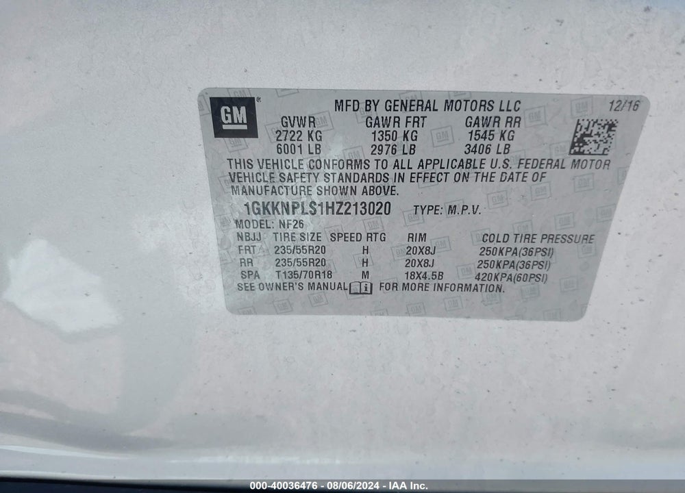 2017 GMC ACADIA DENALI VIN: 1GKKNPLS1HZ213020