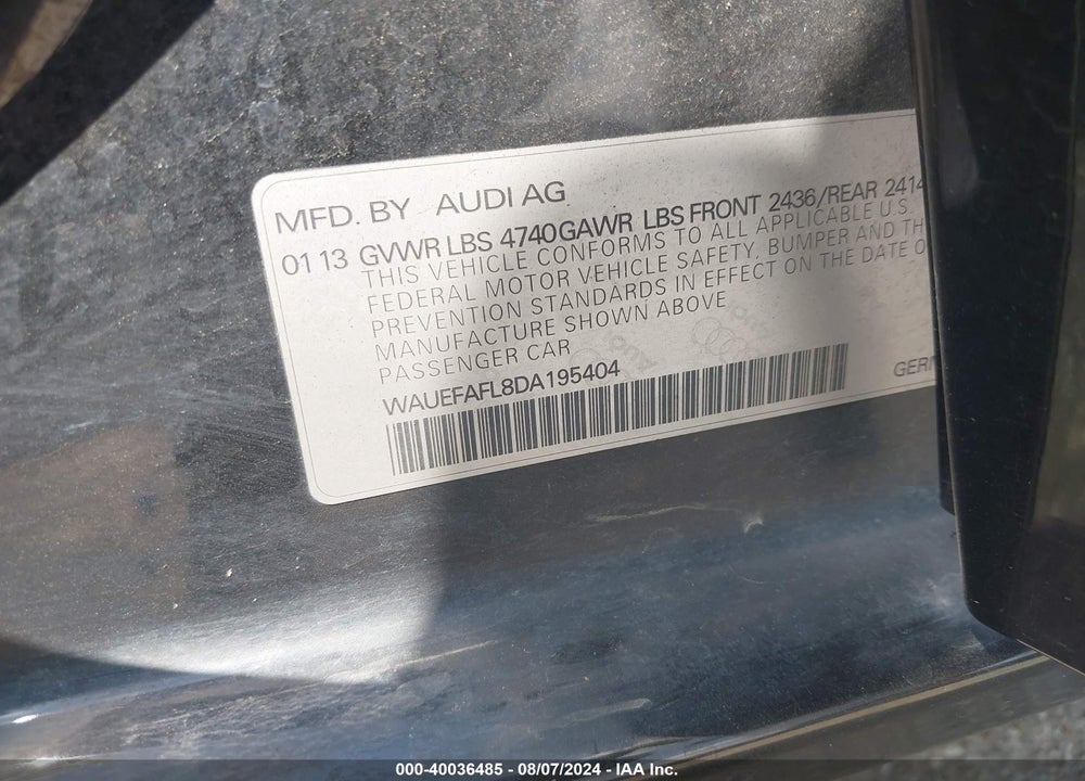 2013 AUDI A4 2.0T PREMIUM VIN: WAUEFAFL8DA195404