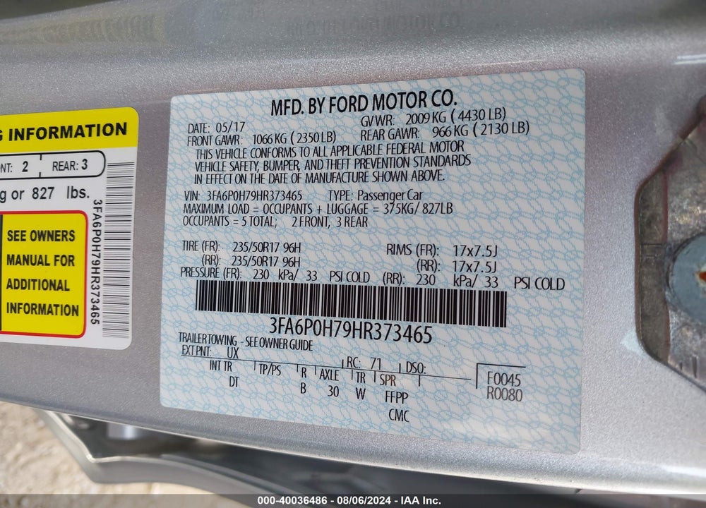 2017 FORD FUSION SE VIN: 3FA6P0H79HR373465