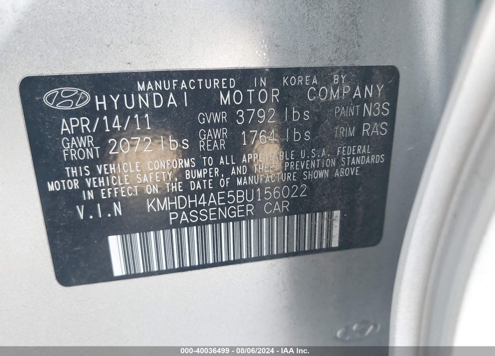2011 HYUNDAI ELANTRA GLS (ULSAN PLANT) VIN: KMHDH4AE5BU156022