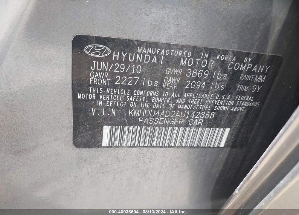 2010 HYUNDAI ELANTRA GLS VIN: KMHDU4AD2AU142368