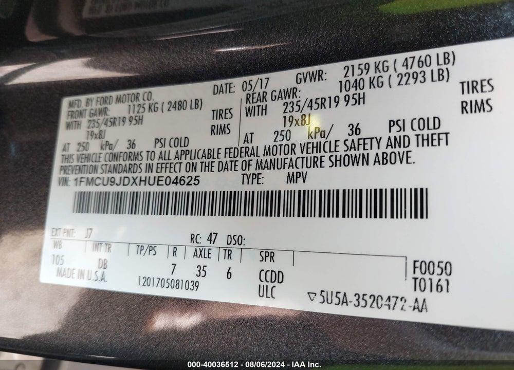 2017 FORD ESCAPE TITANIUM VIN: 1FMCU9JDXHUE04625