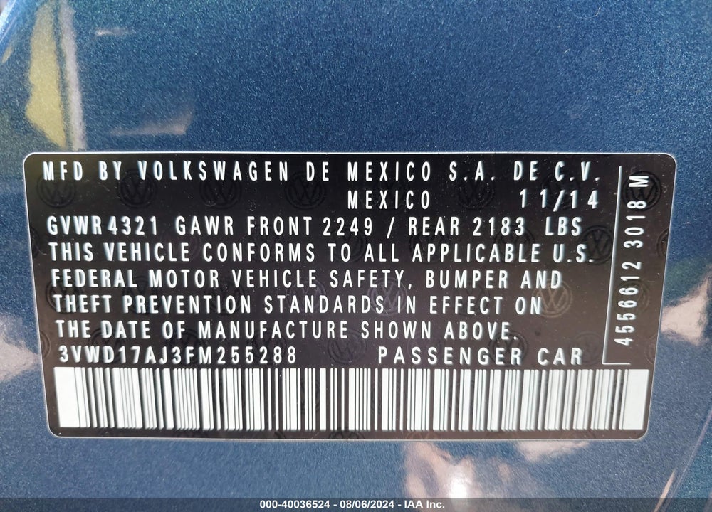 2015 VOLKSWAGEN JETTA 1.8T SE VIN: 3VWD17AJ3FM255288