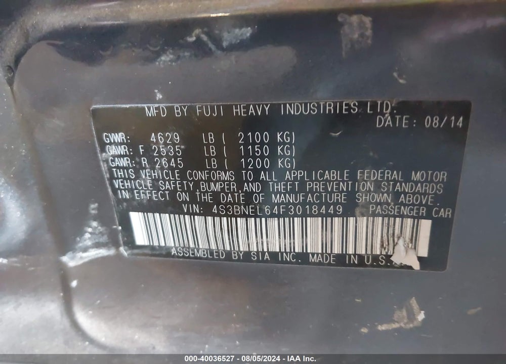 2015 SUBARU LEGACY 3.6R LIMITED VIN: 4S3BNEL64F3018449