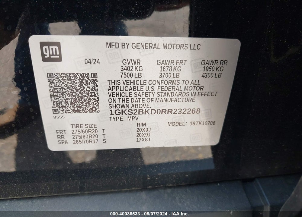 2024 GMC YUKON 4WD SLT VIN: 1GKS2BKD0RR232268