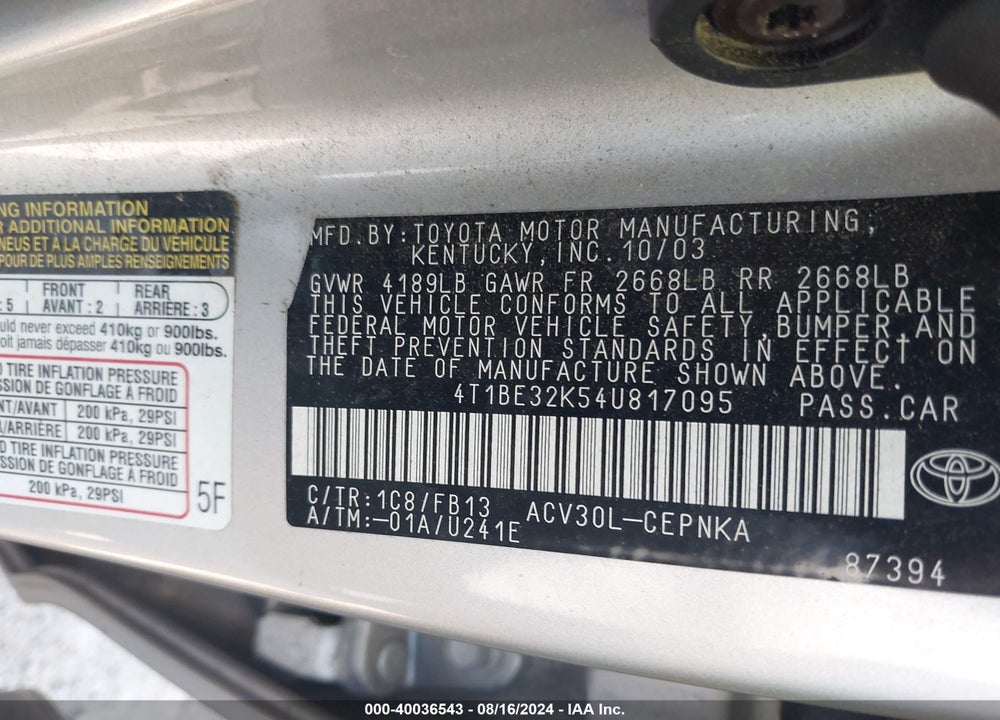 2004 TOYOTA CAMRY LE VIN: 4T1BE32K54U817095