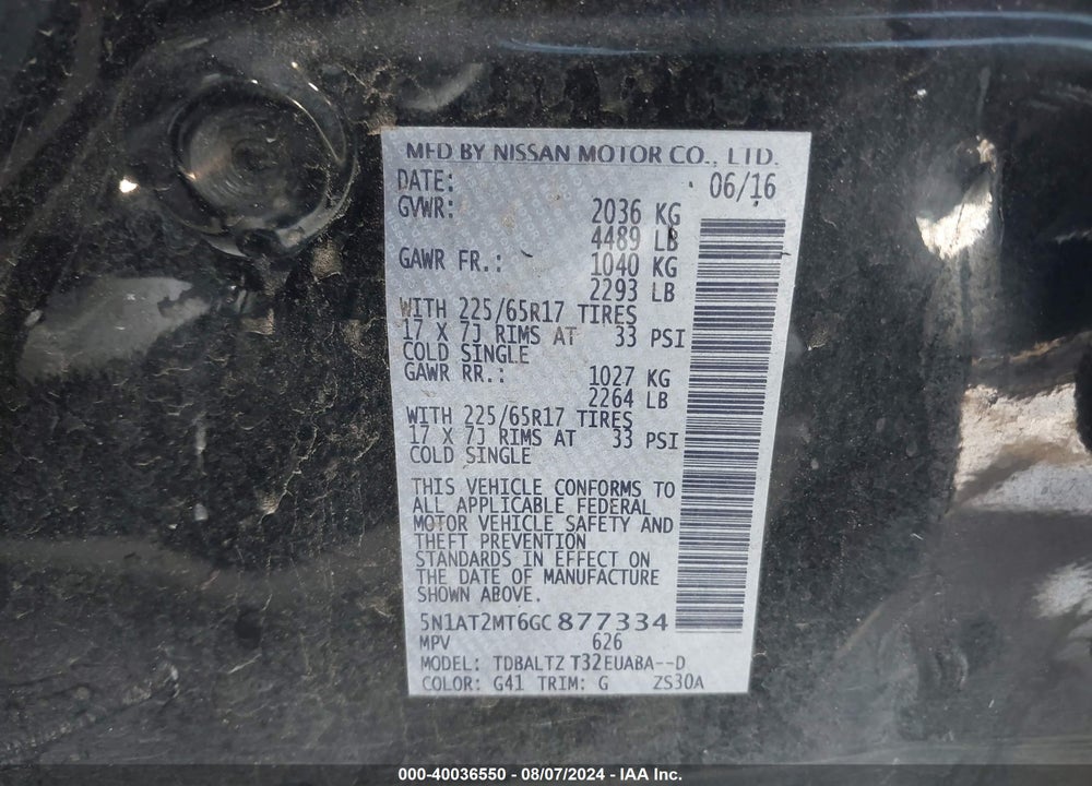 2016 NISSAN ROGUE SV VIN: 5N1AT2MT6GC877334