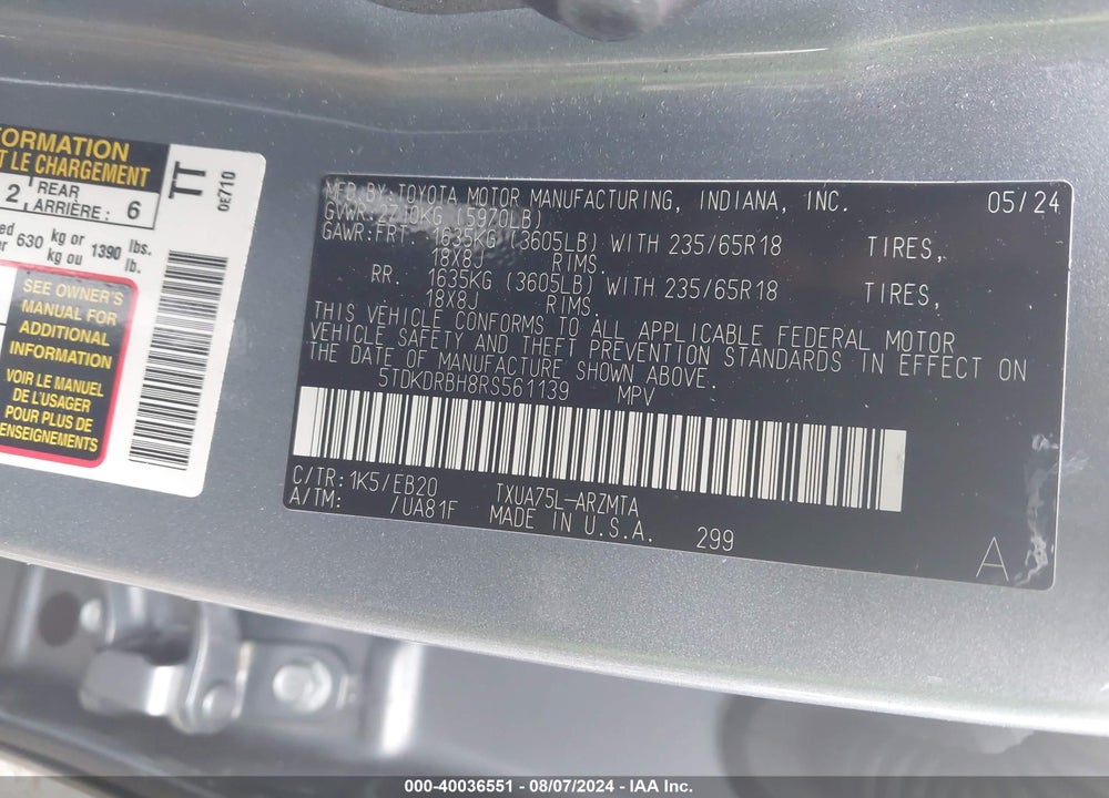 2024 TOYOTA HIGHLANDER XLE VIN: 5TDKDRBH8RS561139