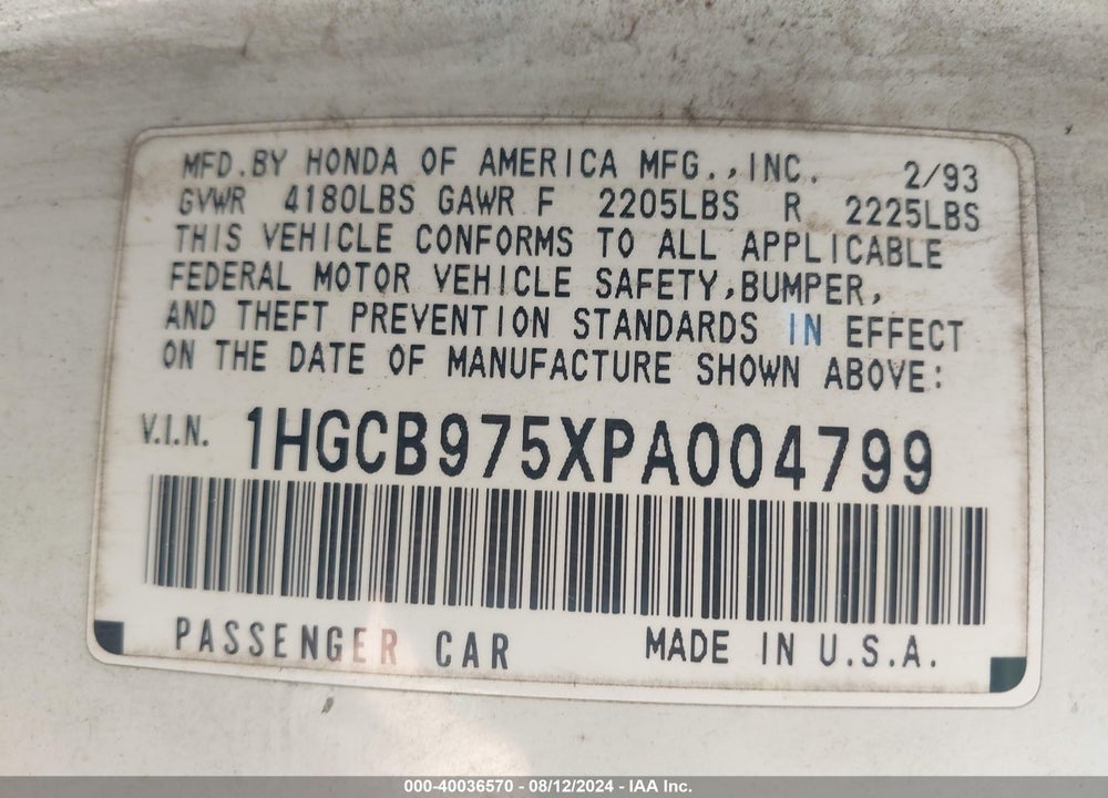 1993 HONDA ACCORD LX VIN: 1HGCB975XPA004799