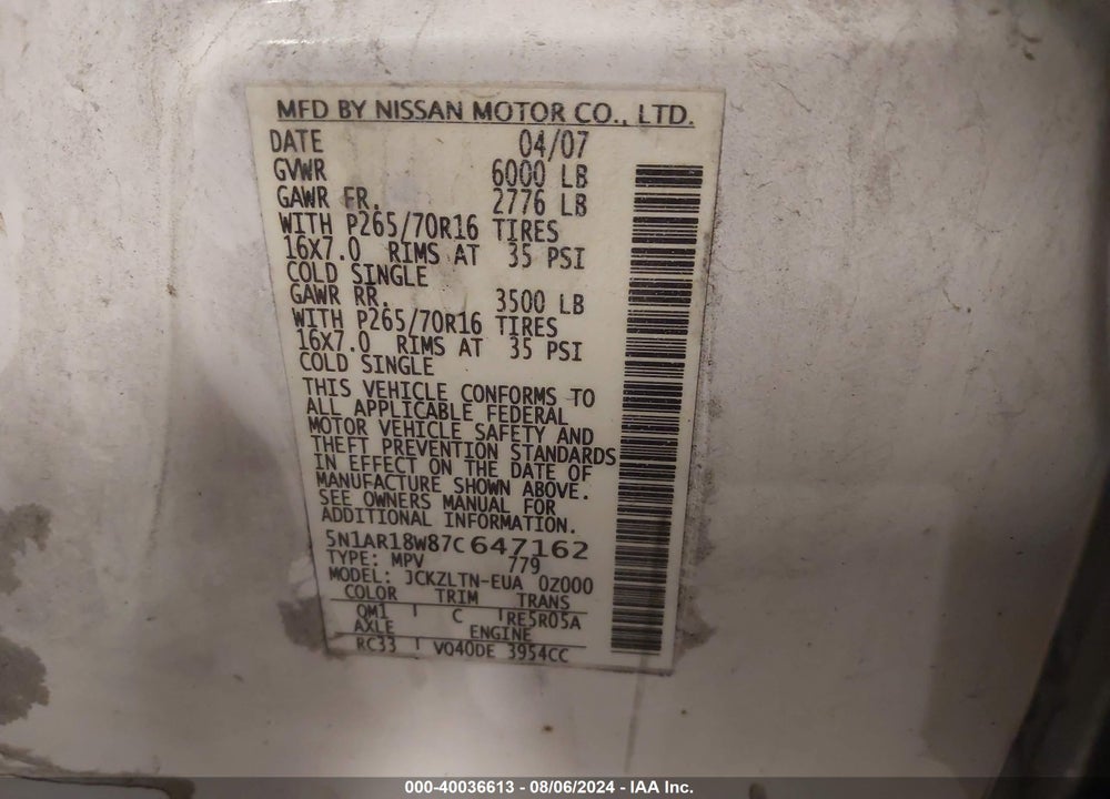 2007 NISSAN PATHFINDER VIN: 5N1AR18W87C647162