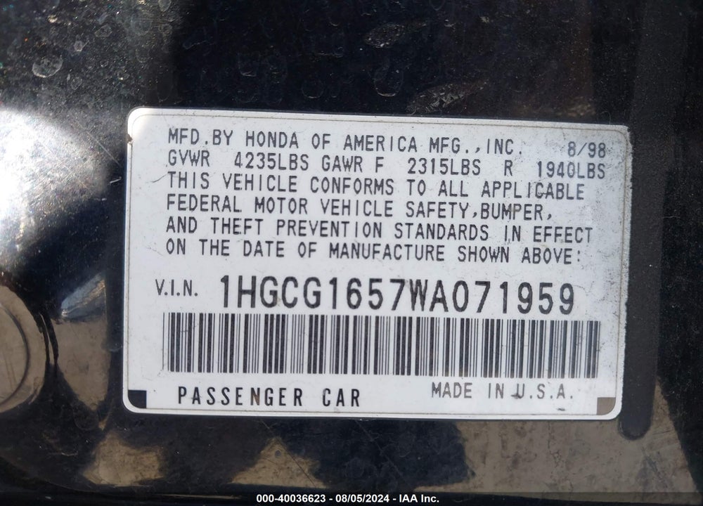 1998 HONDA ACCORD EX V6 VIN: 1HGCG1657WA071959