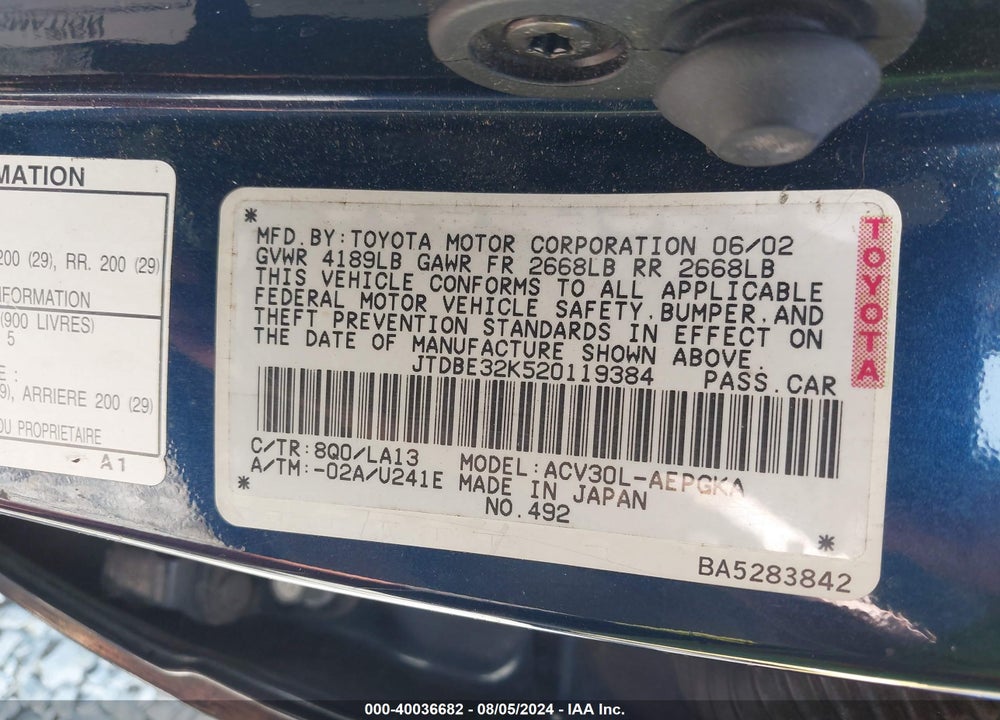 2002 TOYOTA CAMRY XLE VIN: JTDBE32K520119384