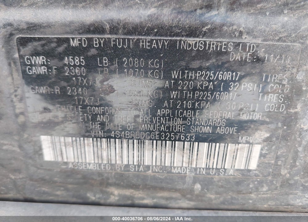 2014 SUBARU OUTBACK 2.5I PREMIUM VIN: 4S4BRBDC6E3257633