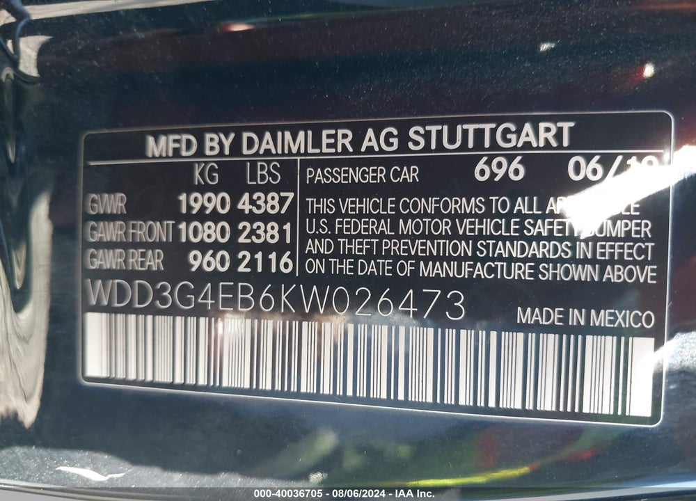 2019 MERCEDES-BENZ A 220 VIN: WDD3G4EB6KW026473