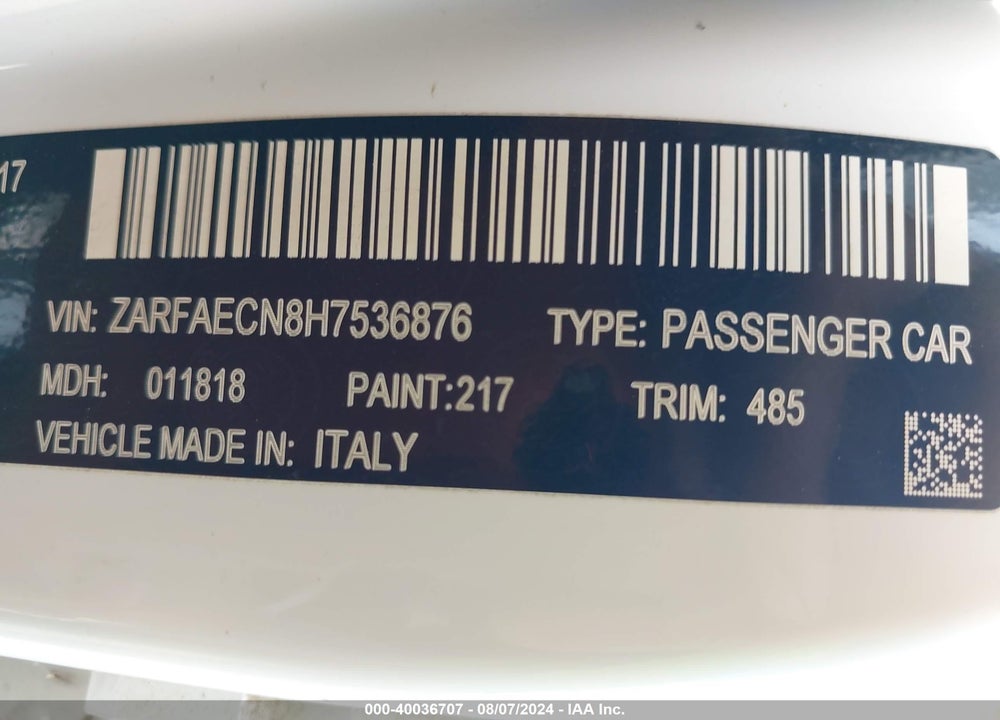 2017 ALFA ROMEO GIULIA TI RWD VIN: ZARFAECN8H7536876