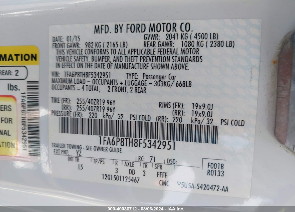 2015 FORD MUSTANG VIN: 1FA6P8TH8F5342951