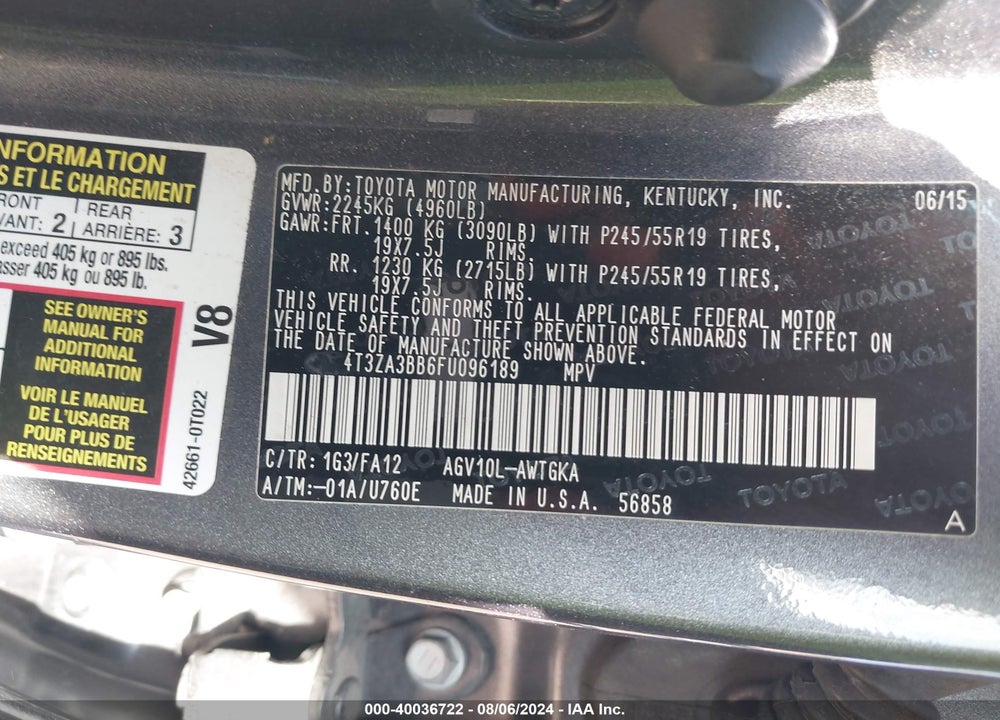 2015 TOYOTA VENZA LE VIN: 4T3ZA3BB6FU096189