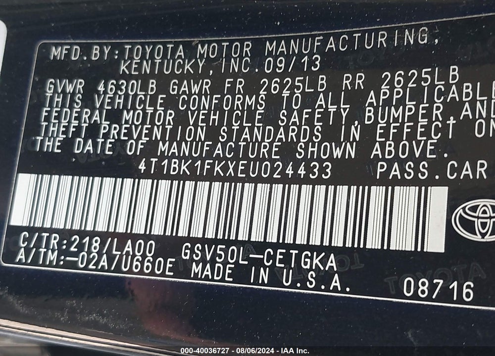 2014 TOYOTA CAMRY XLE V6 VIN: 4T1BK1FKXEU024433