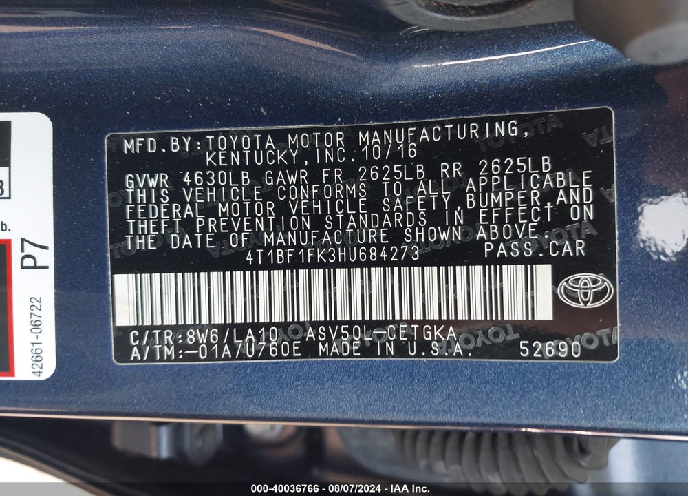 2017 TOYOTA CAMRY XLE VIN: 4T1BF1FK3HU684273