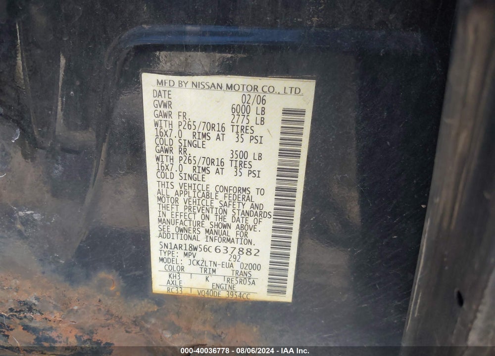 2006 NISSAN PATHFINDER SE VIN: 5N1AR18W56C637882