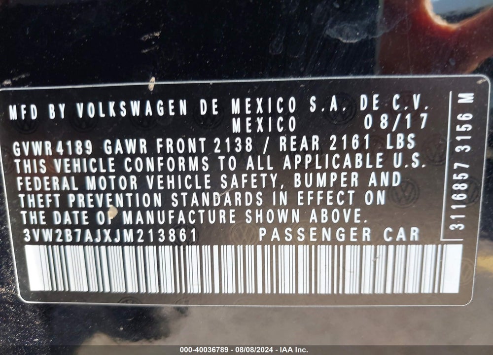 2018 VOLKSWAGEN JETTA 1.4T S VIN: 3VW2B7AJXJM213861