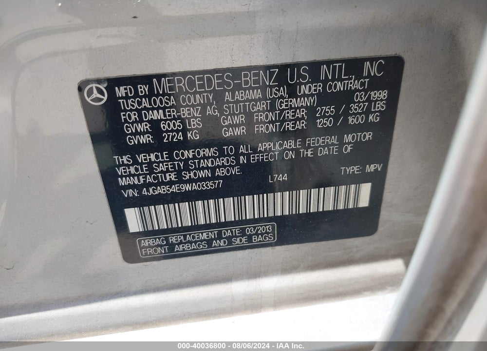 1998 MERCEDES-BENZ ML 320 CLASSIC VIN: 4JGAB54E9WA033577