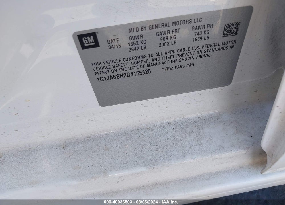 2016 CHEVROLET SONIC LS AUTO VIN: 1G1JA6SH2G4165325