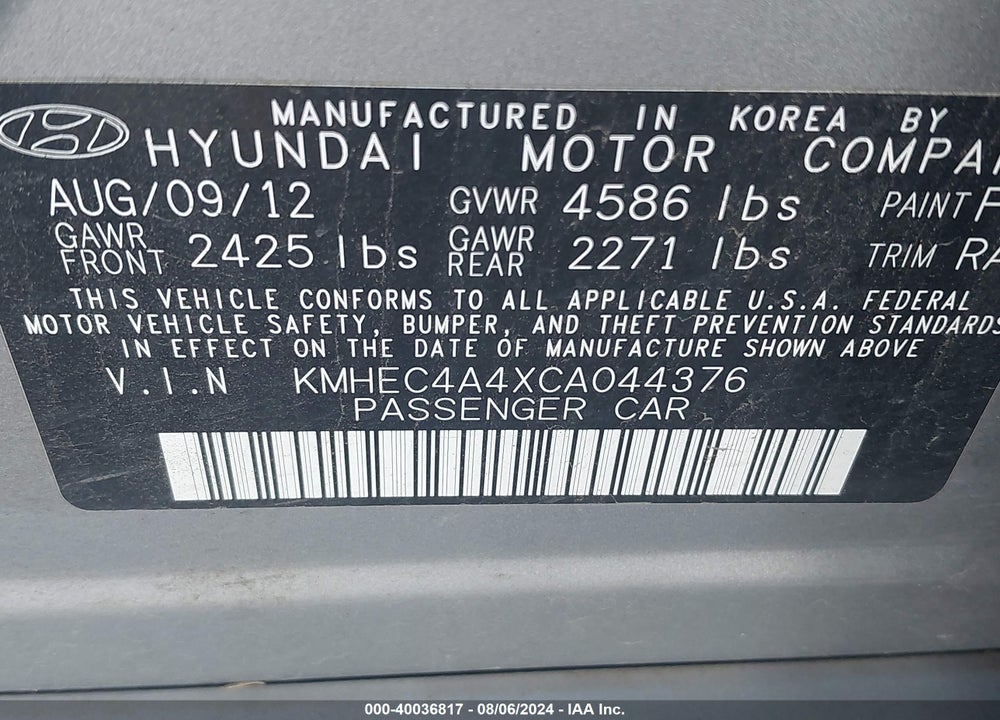 2012 HYUNDAI SONATA HYBRID VIN: KMHEC4A4XCA044376