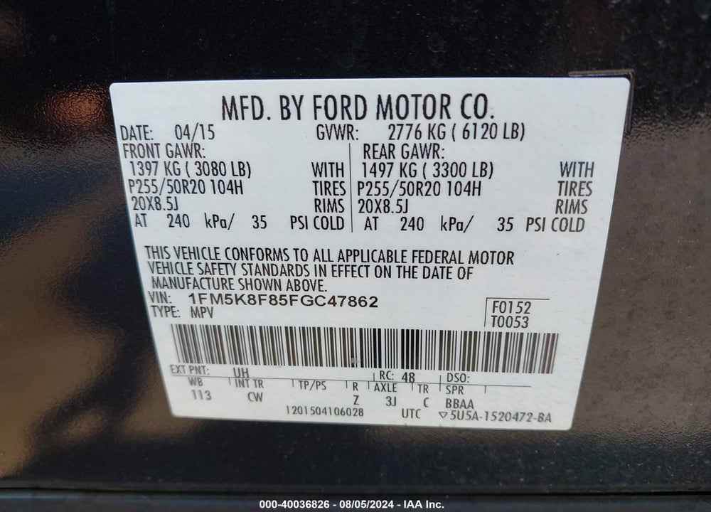 2015 FORD EXPLORER LIMITED VIN: 1FM5K8F85FGC47862