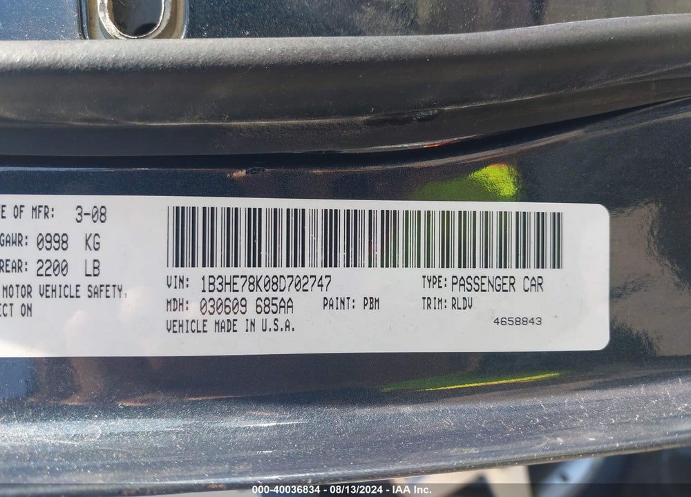 2008 DODGE CALIBER R/T VIN: 1B3HE78K08D702747