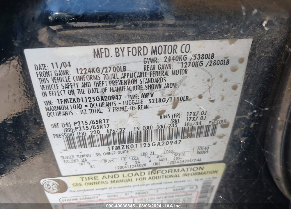 2005 FORD FREESTYLE SE VIN: 1FMZK01125GA20947