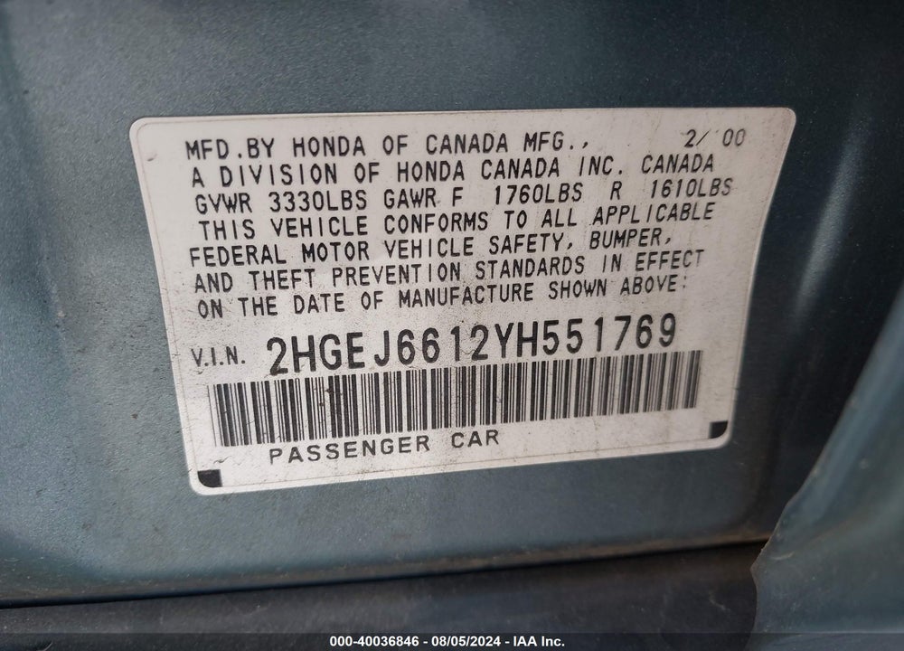2000 HONDA CIVIC VALUE PACKAGE VIN: 2HGEJ6612YH551769