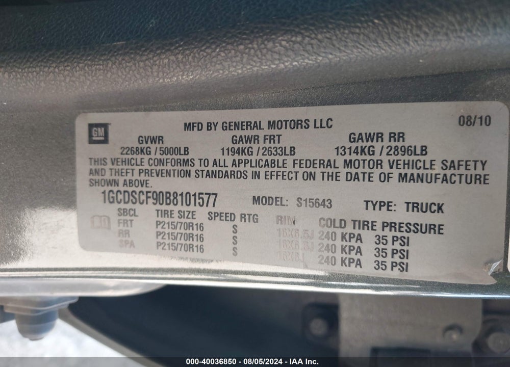 2011 CHEVROLET COLORADO 1LT VIN: 1GCDSCF90B8101577