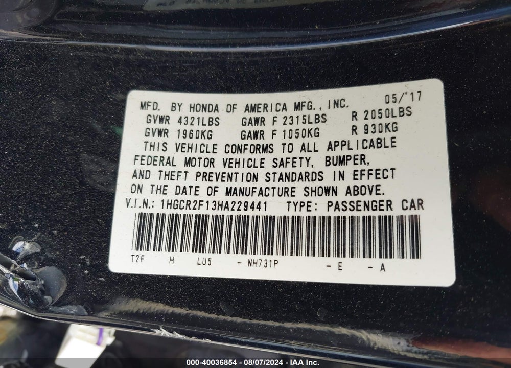 2017 HONDA ACCORD SPORT SE VIN: 1HGCR2F13HA229441
