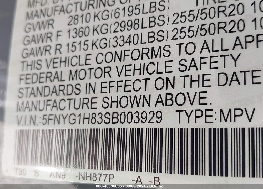 2025 HONDA PILOT AWD ELITE VIN: 5FNYG1H83SB003929