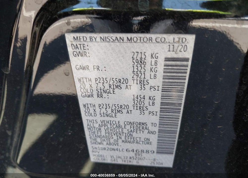2020 NISSAN PATHFINDER PLATINUM 2WD VIN: 5N1DR2DN4LC646889
