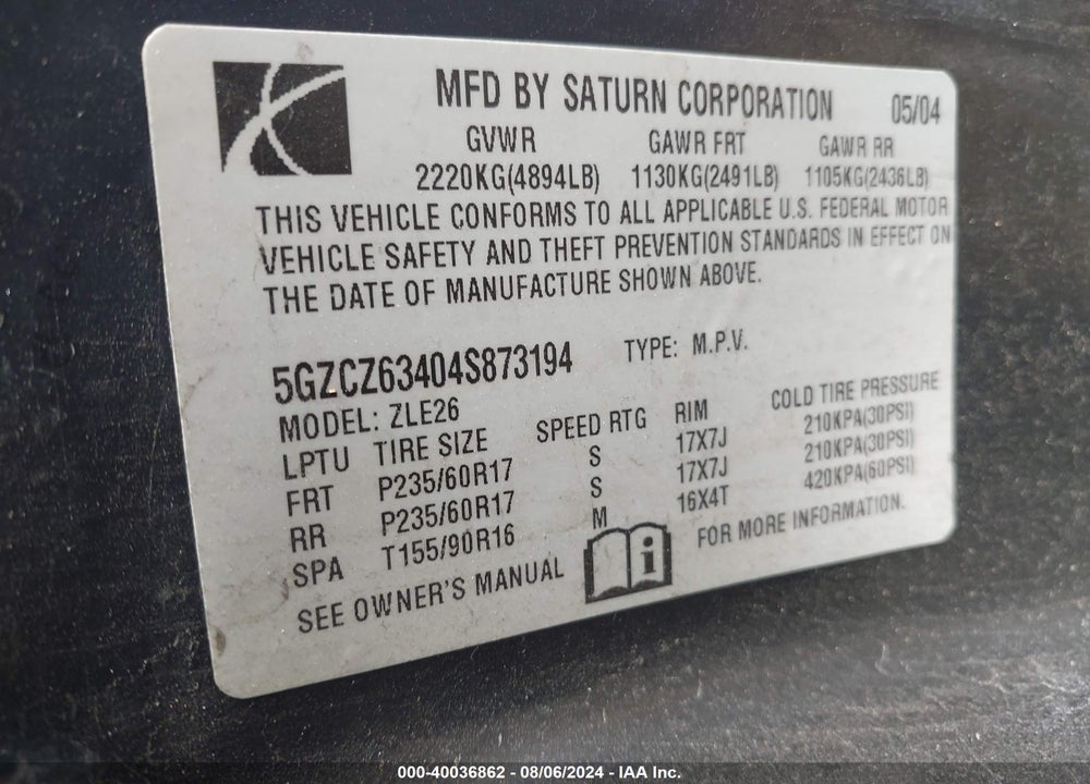 2004 SATURN VUE V6 VIN: 5GZCZ63404S873194