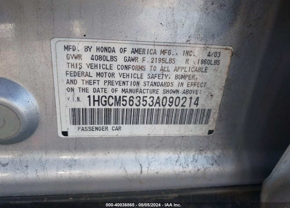 2003 HONDA ACCORD 2.4 LX VIN: 1HGCM56353A090214