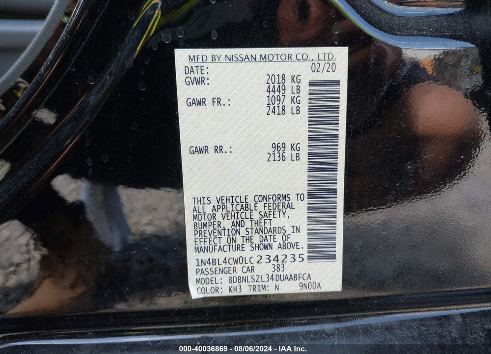2020 NISSAN ALTIMA SR INTELLIGENT AWD VIN: 1N4BL4CW0LC234235