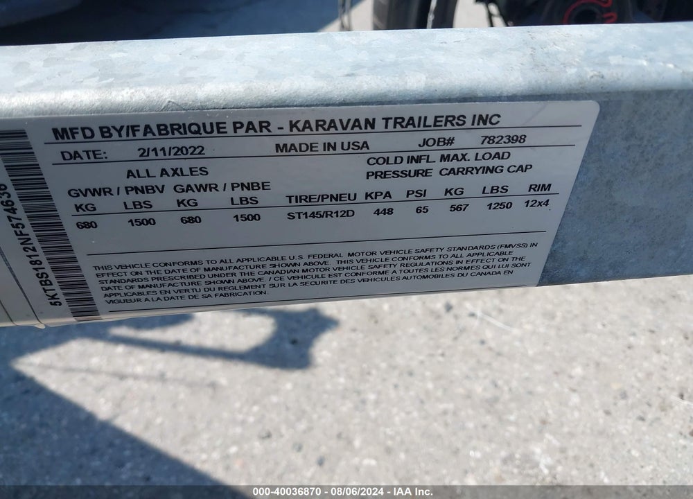 2022 KARAVAN BOAT TRAILER VIN: 5KTBS1812NF574636