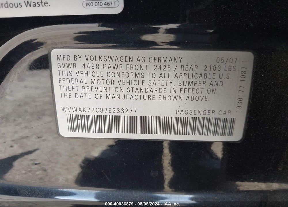 2007 VOLKSWAGEN PASSAT 2.0T WOLFSBURG EDITION VIN: WVWAK73C87E233277