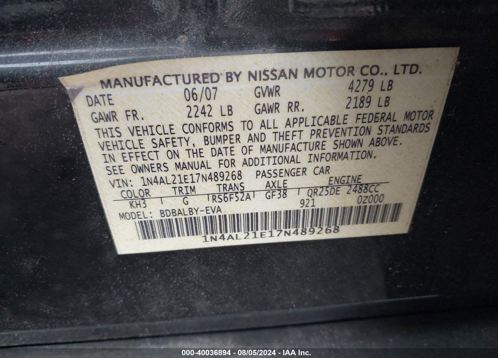 2007 NISSAN ALTIMA 2.5 S VIN: 1N4AL21E17N489268