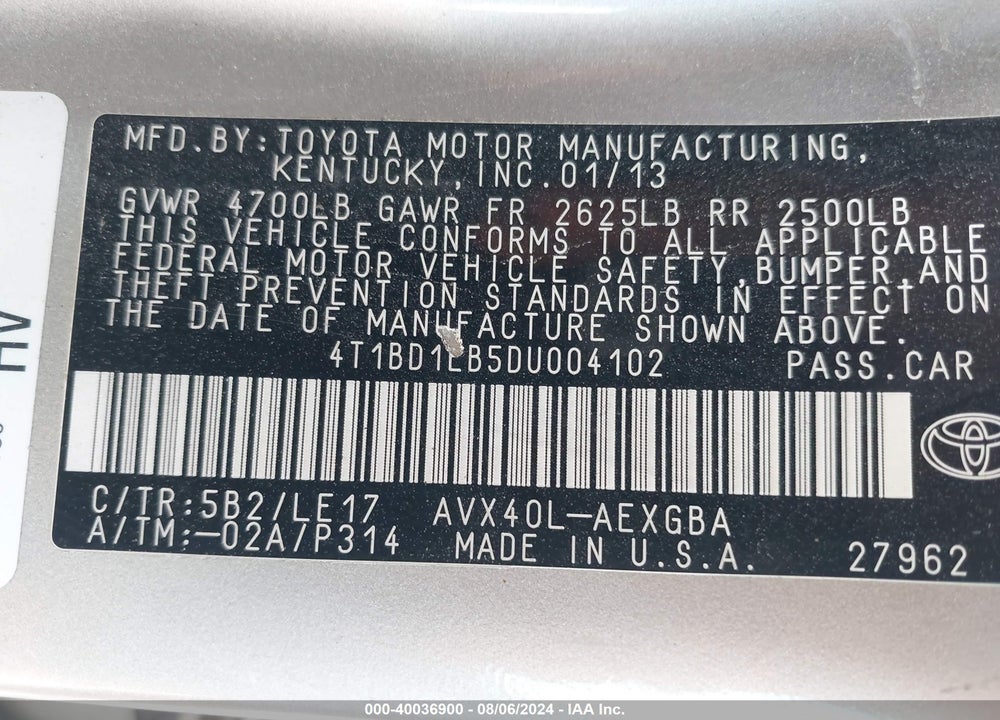 2013 TOYOTA AVALON HYBRID XLE TOURING VIN: 4T1BD1EB5DU004102