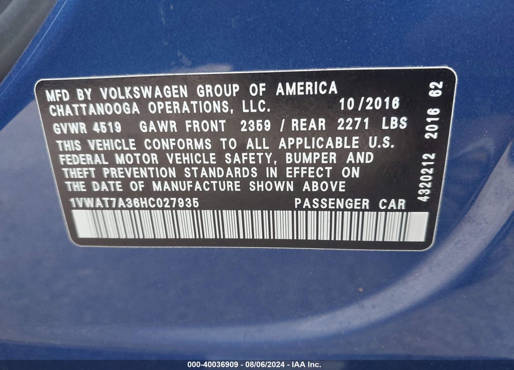 2017 VOLKSWAGEN PASSAT 1.8T S VIN: 1VWAT7A36HC027935