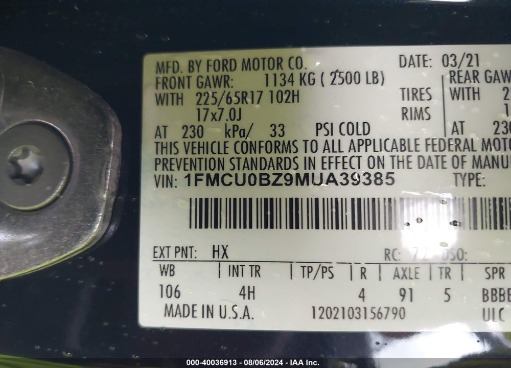 2021 FORD ESCAPE SE HYBRID VIN: 1FMCU0BZ9MUA39385