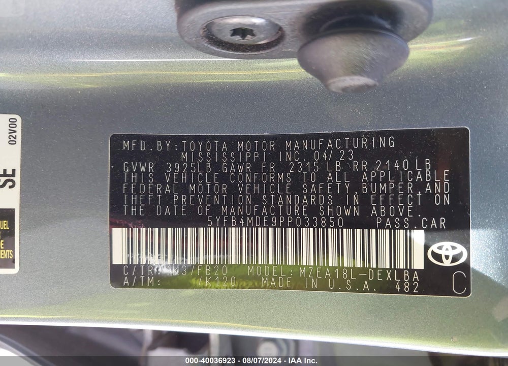 2023 TOYOTA COROLLA LE VIN: 5YFB4MDE9PP033850