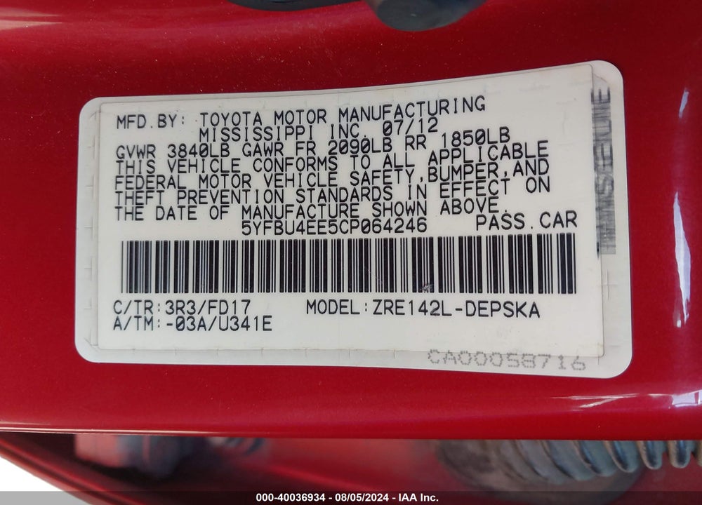 2012 TOYOTA COROLLA S VIN: 5YFBU4EE5CP064246