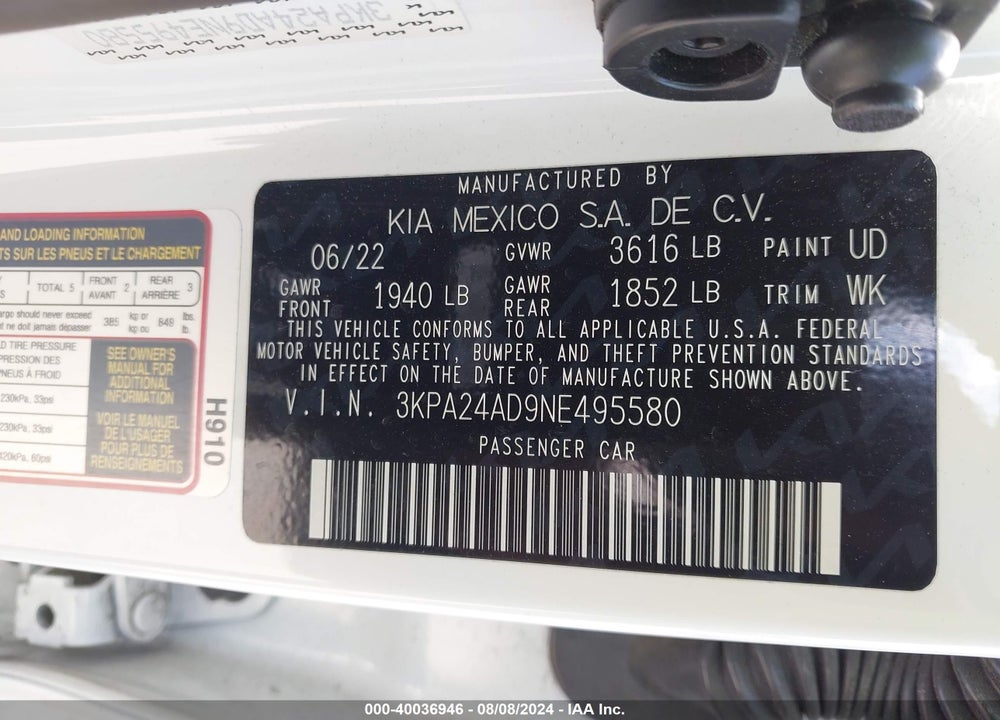 2022 KIA RIO S VIN: 3KPA24AD9NE495580