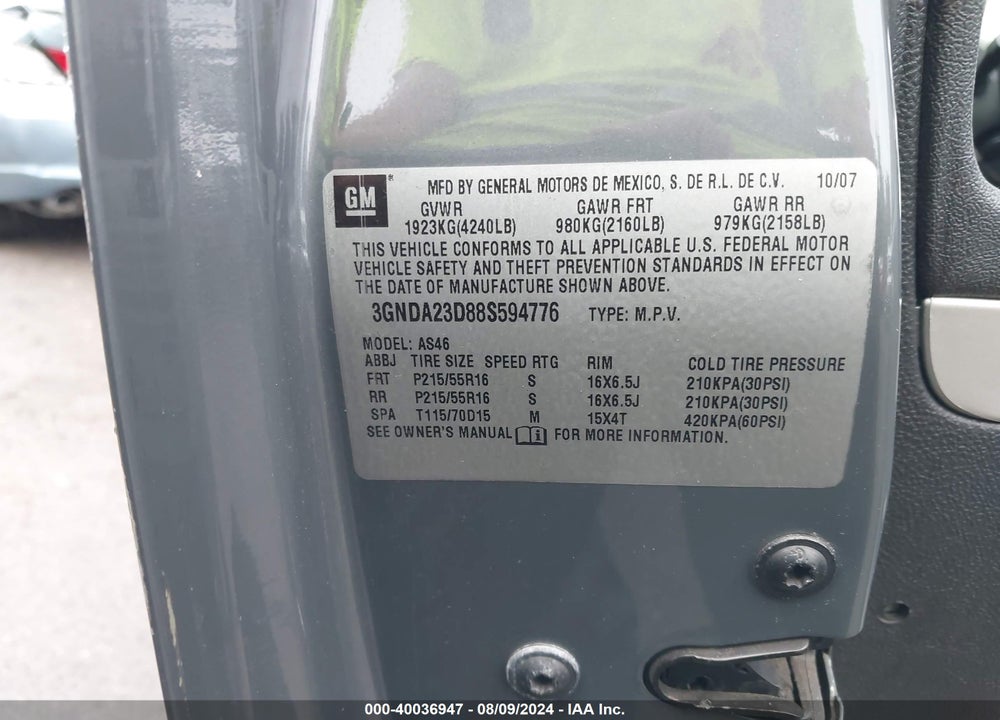 2008 CHEVROLET HHR LT VIN: 3GNDA23D88S594776